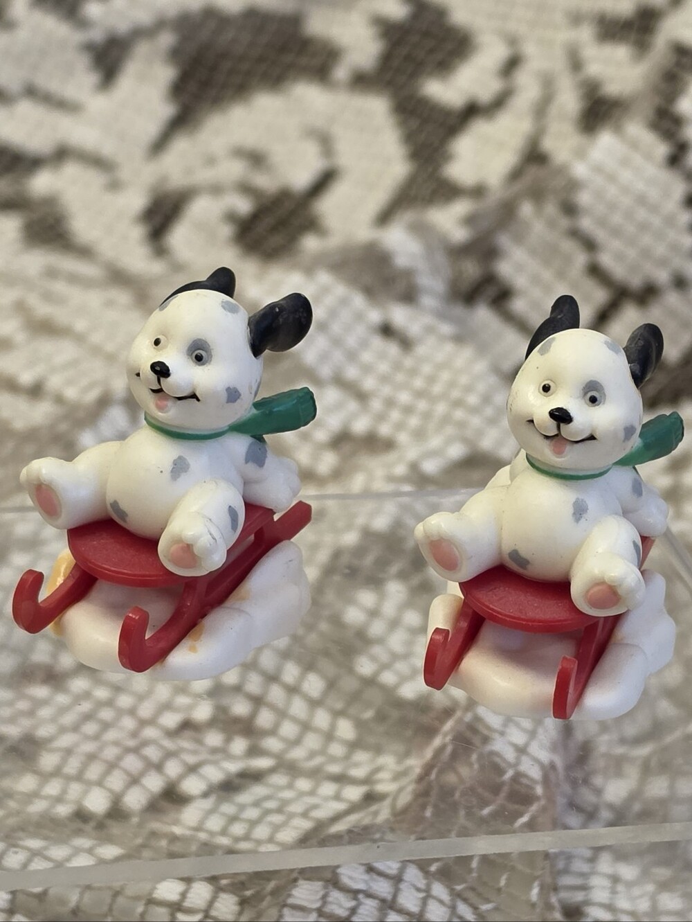 Vtg Russ Berrie Dog on Sled Christmas Miniature Figurine Lot of 2 Puppy 1.5